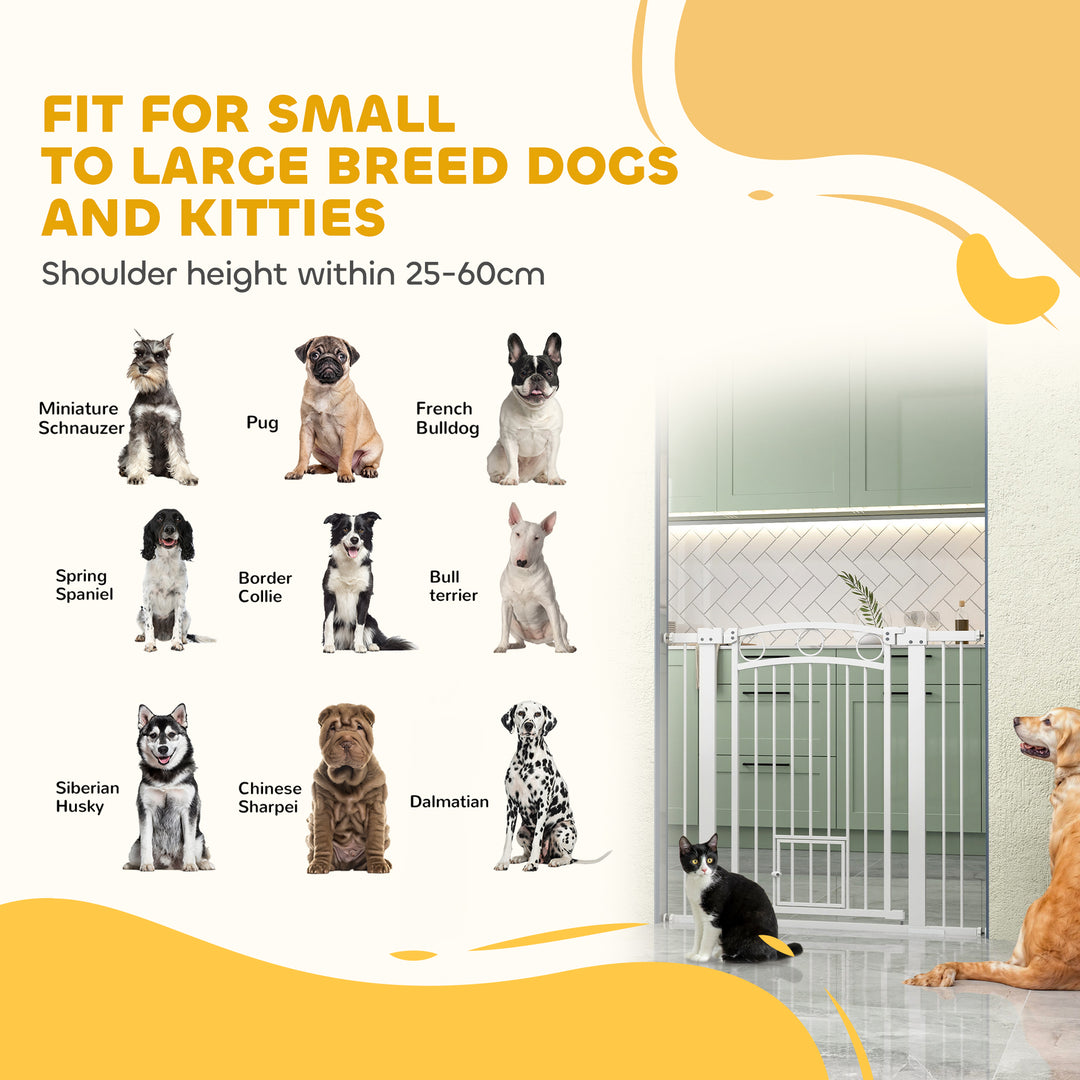 96cm Tall Dog Gate with Cat Door, 7cm and 14cm Extensions, for Stairs, Doorways, 76-104cm Width