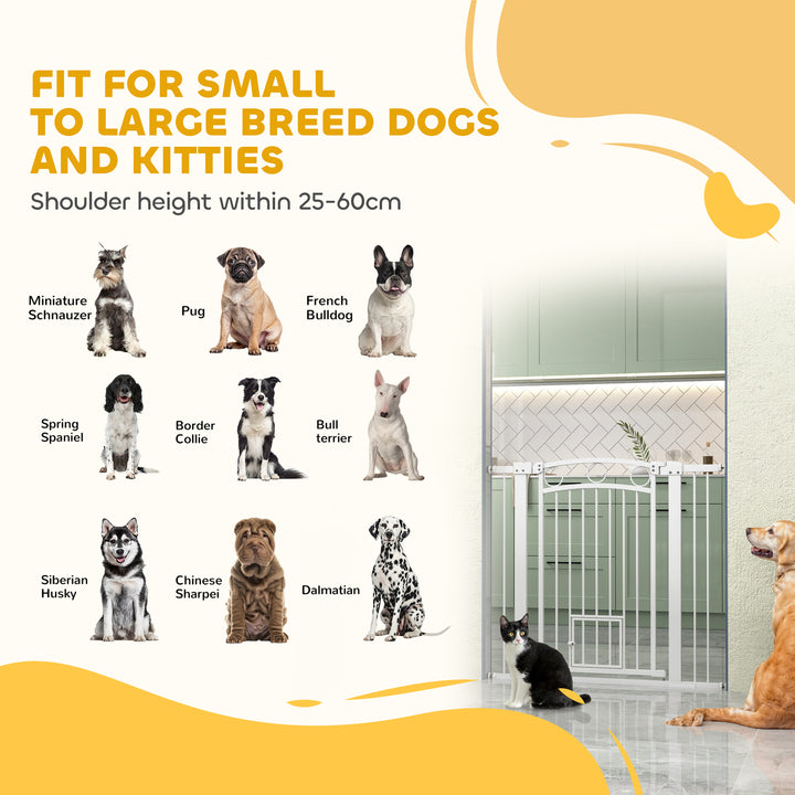 96cm Tall Dog Gate with Cat Door, 7cm and 14cm Extensions, for Stairs, Doorways, 76-104cm Width