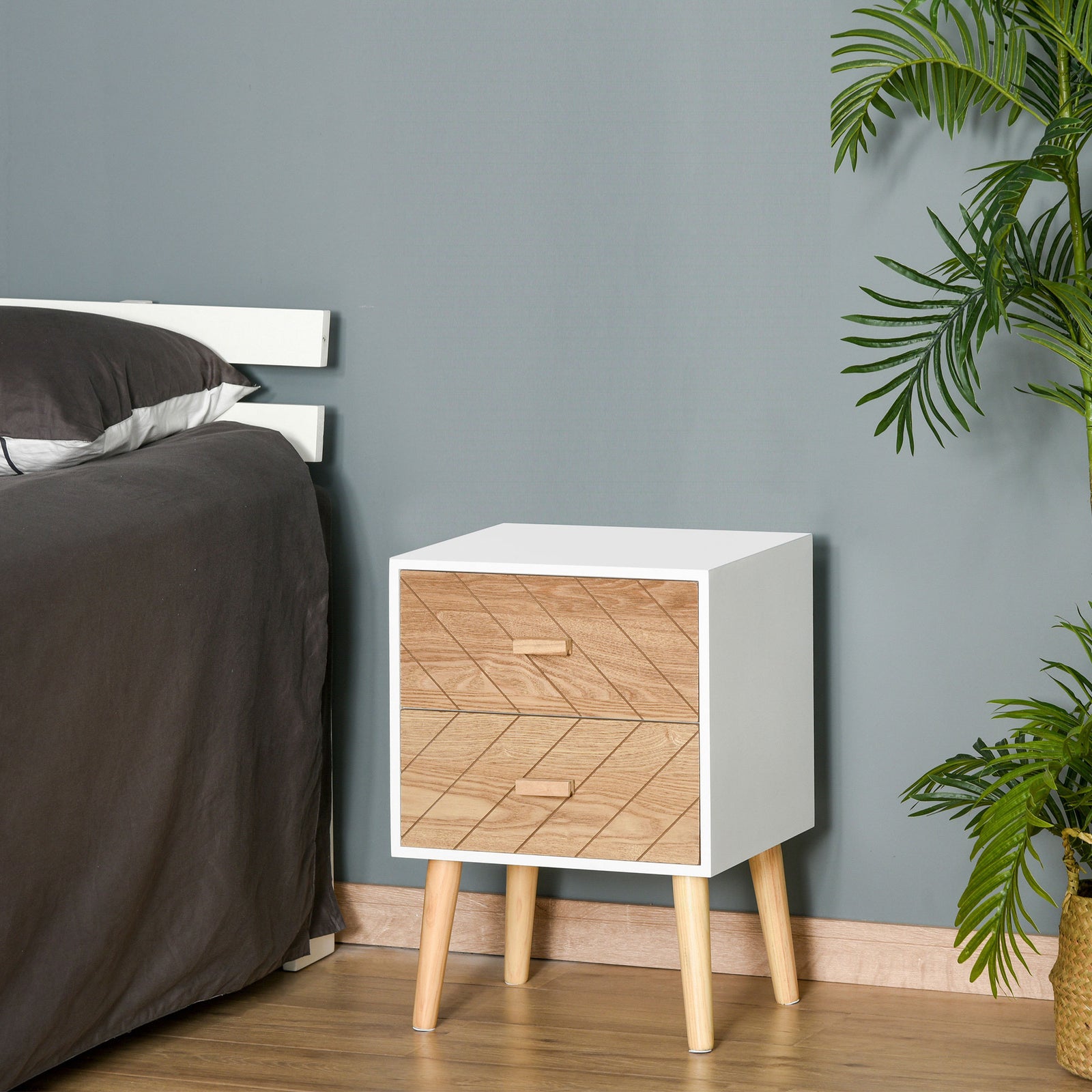 2 Drawers Bedside Table with Pine Legs, Bedroom Wooden Storage Cabinet, Natural