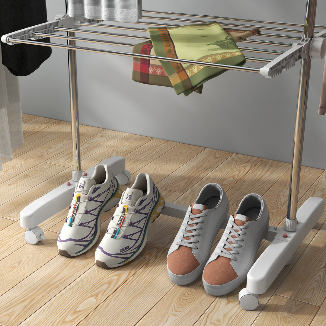 3-Tier Clothes Airer, Stainless Steel Foldable Clothes Drying Rack with Wheels and Wings, Indoor and Outdoor, Easy Assembly, 142 x 55 x 152cm, White