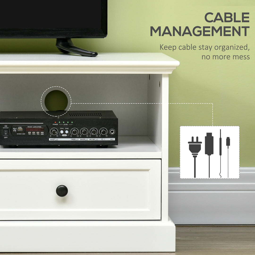 Modern TV Unit Cabinet for TVs up to 45 Inches, TV Stand with Drawers, Open Shelves, Cable Holes for Living Room, White