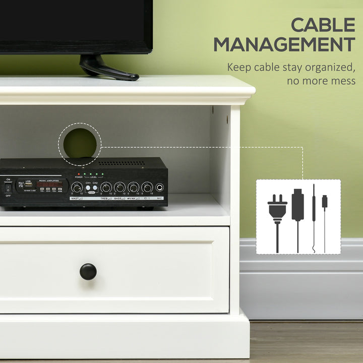 Modern TV Unit Cabinet for TVs up to 45 Inches, TV Stand with Drawers, Open Shelves, Cable Holes for Living Room, White