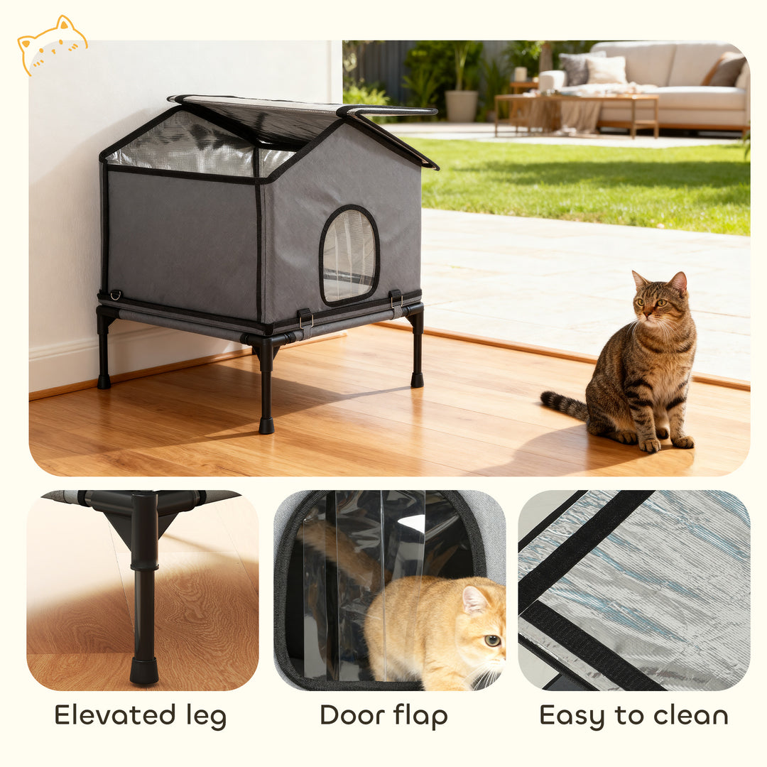 MCL Outdoor Cat House, Waterproof Insulated Cat Kennel with Elevated Base, Foldable Feral Kitty Shelter for Kittens, Grey