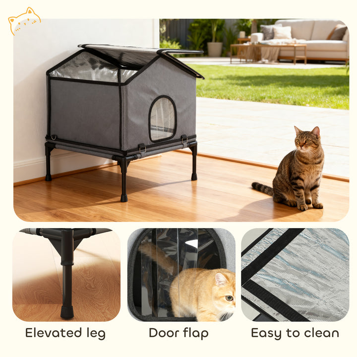 MCL Outdoor Cat House, Waterproof Insulated Cat Kennel with Elevated Base, Foldable Feral Kitty Shelter for Kittens, Grey