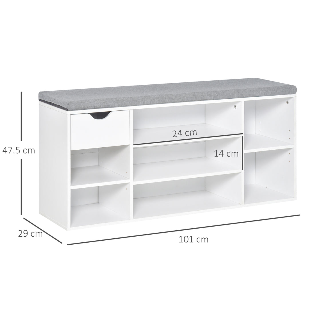 HOMCOM Shoe Storage Bench with Cushion, 7 Compartments, Adjustable Shelves, Drawer, White and Grey | Aosom UK