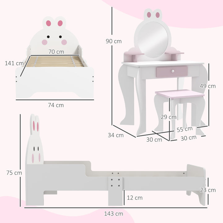 ZONEKIZ Kids Bedroom Furniture Set, Wooden with Dressing Table, Stool, Bed, Bunny-Design, for 3-6 Years | Aosom UK