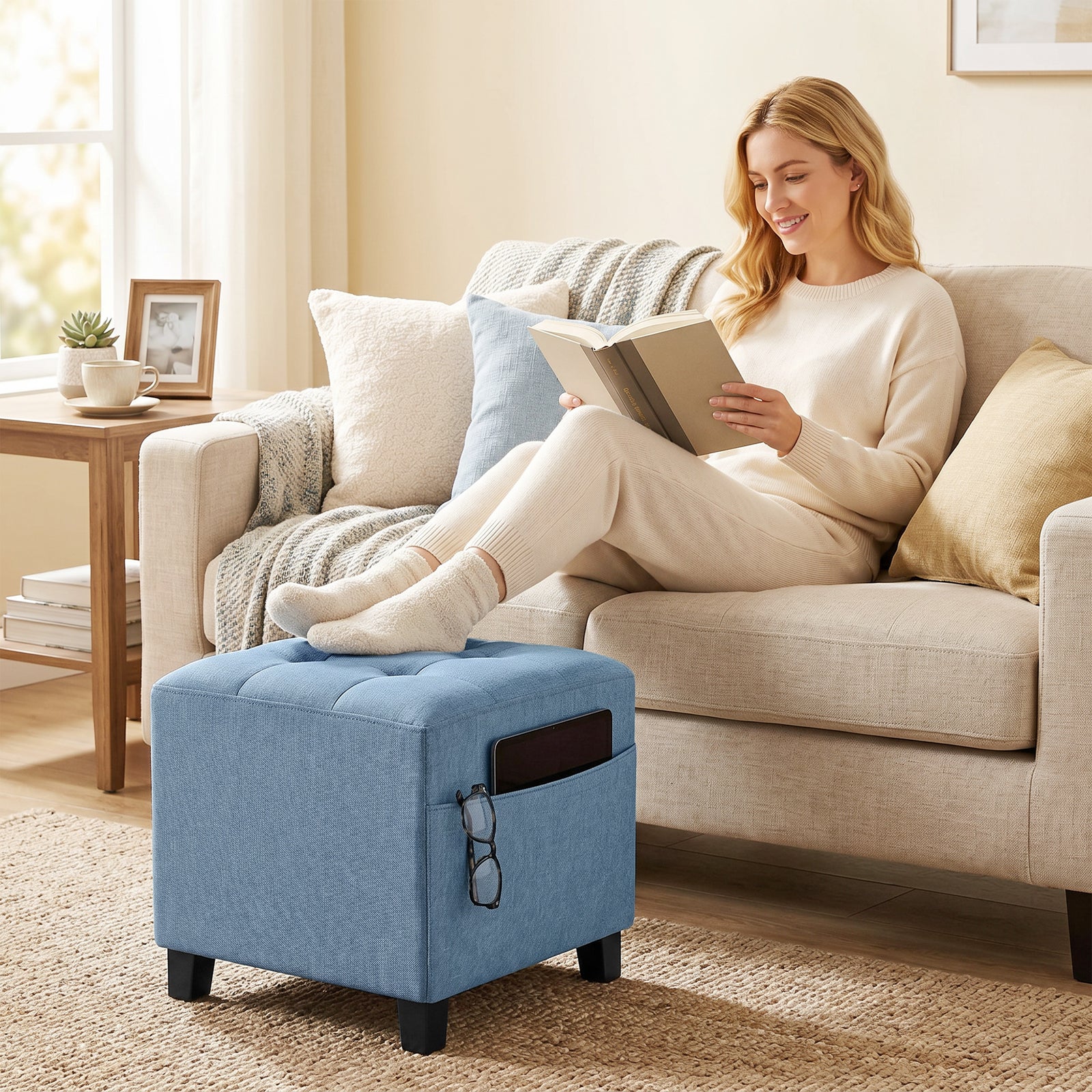 Small Ottoman, Square Footstool with Side Pocket, Rubber Wood Legs and
