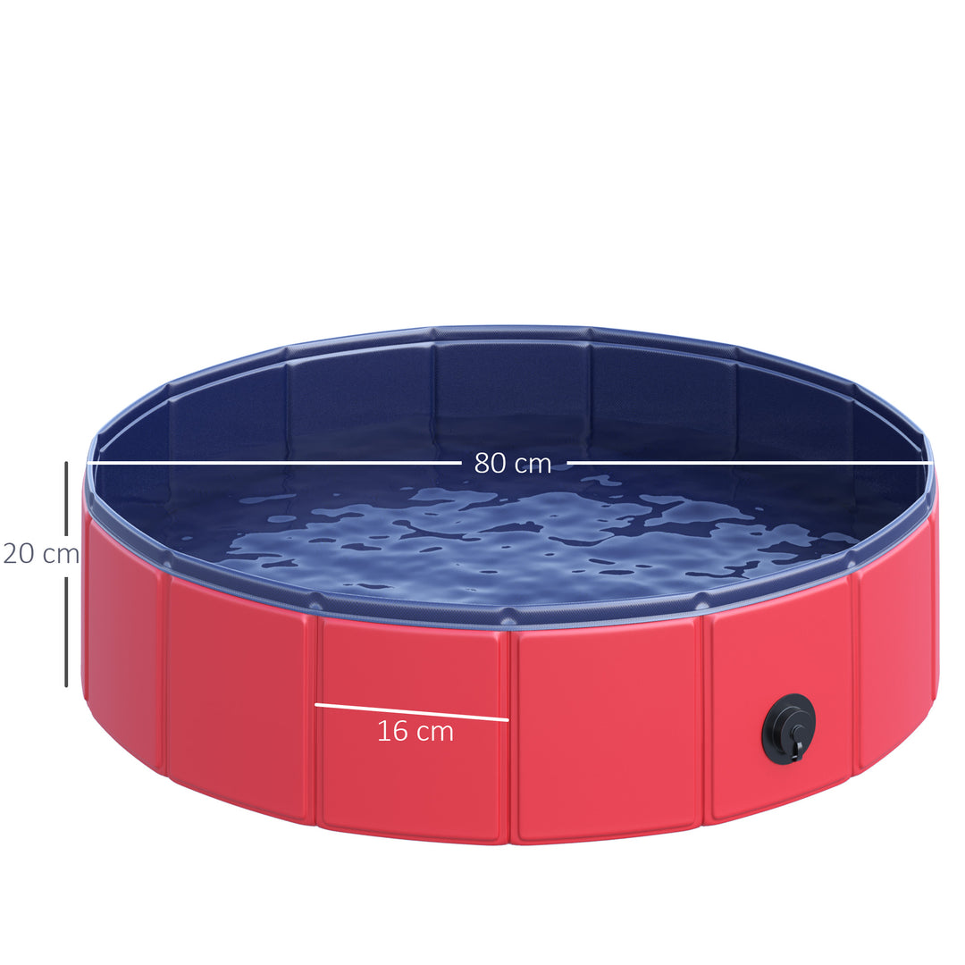 Foldable Dog Pool, 80 x 20 cm Pet Paddling Pool with Wood Board Support and Anti-Slip Bottom, Portable Doggy Paddling Pool for Garden and Outdoor Use, Red