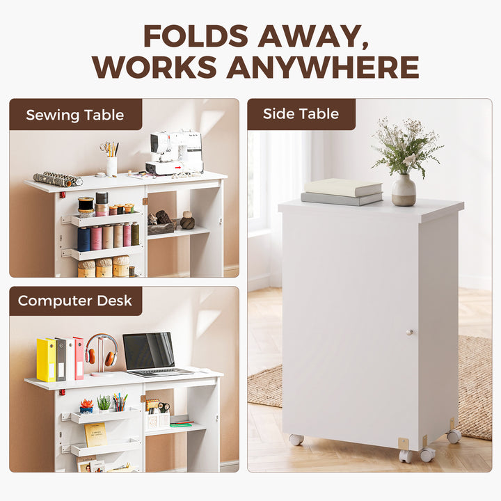 Folding Sewing Table, Drop Leaf Craft Table with Storage Bins, Open Sh