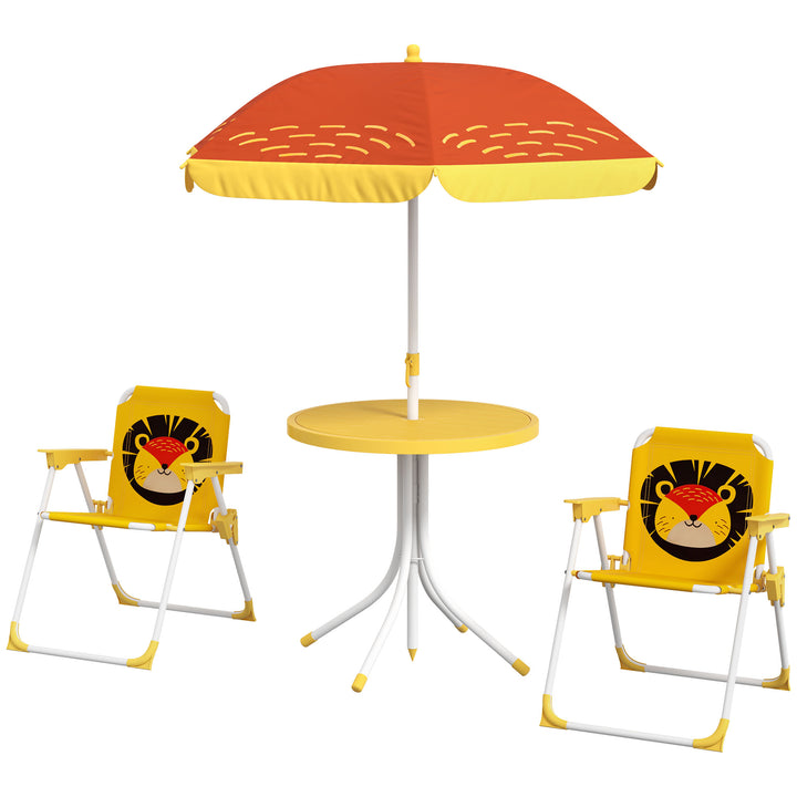 Outsunny Lion Themed Kids Outdoor Picnic Table & Chair Set, with Foldable Chairs, Adjustable Parasol, Yellow | Aosom UK