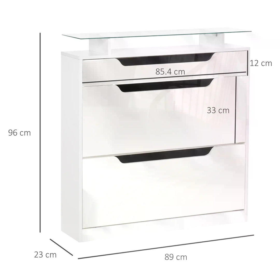 HOMCOM Shoe Cabinet High Gloss, 3 Drawer Storage, Tipping Bucket Design, Glass Top, 14 Pairs Capacity, White