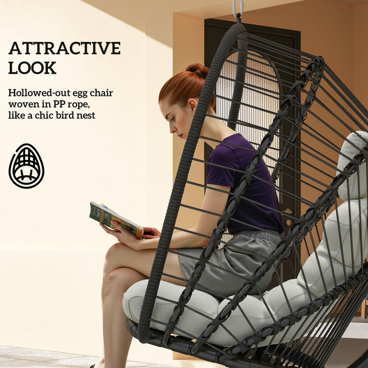 Outdoor PE Rattan Swing Chair with Foldable Basket and Cushion, Garden Patio Hanging Egg Chair with Metal Stand, Headrest for Indoor and Outdoor, Black