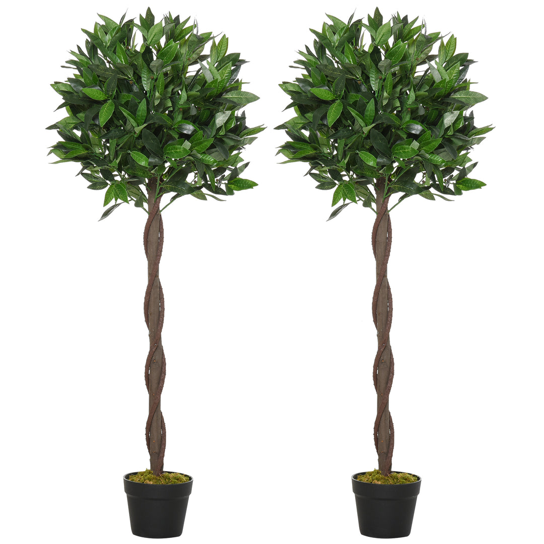 Artificial Bay Laurel Topiary Trees w/ Pot Fake, Set Of 2 120cm/4FT Indoor Greenery Plant Home Office Garden Decor Green