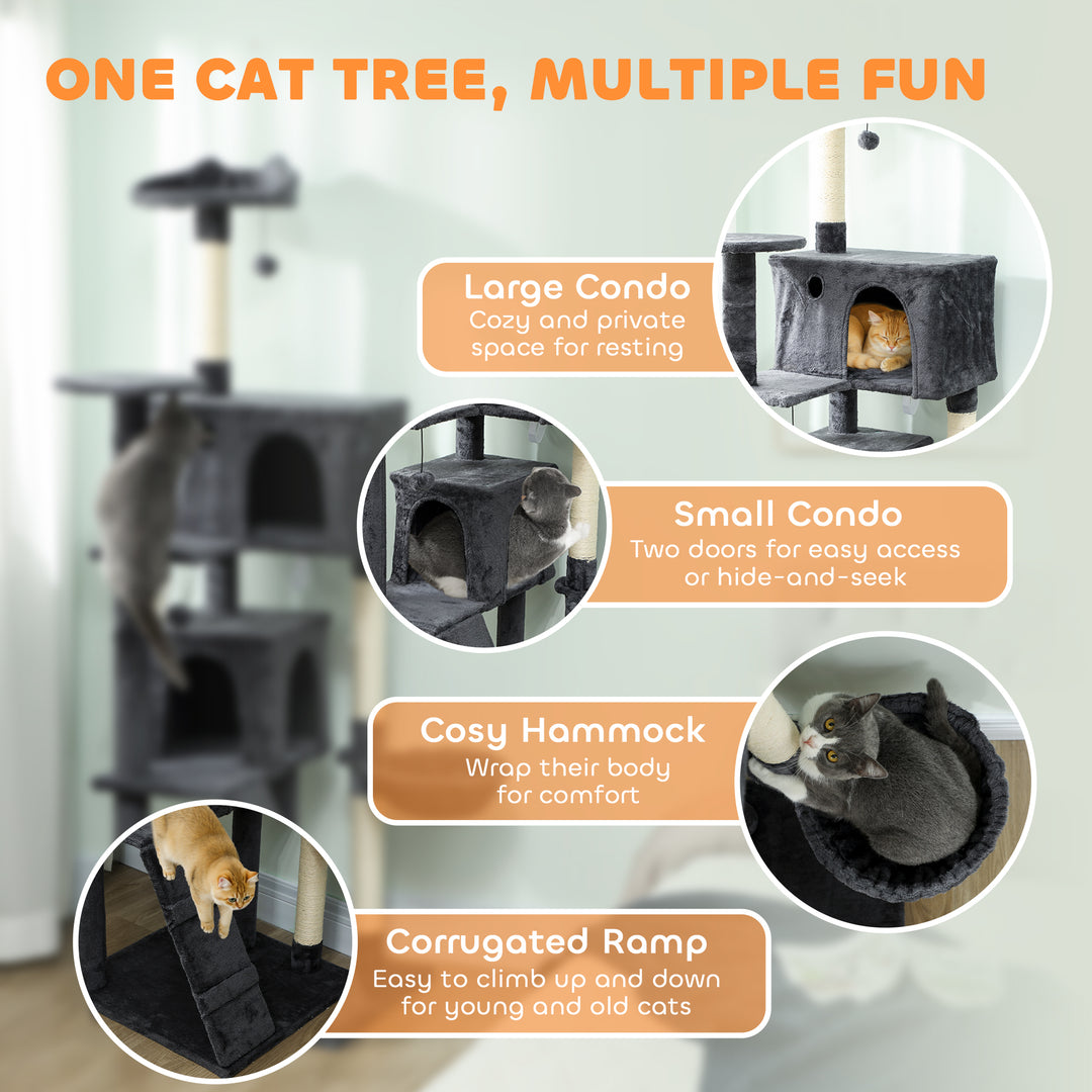 MCL 180cm Large Cat Tree Tower with Sisal Scratching Posts, Condos, Plush Perches, Hammock, Ladder, Dark Grey