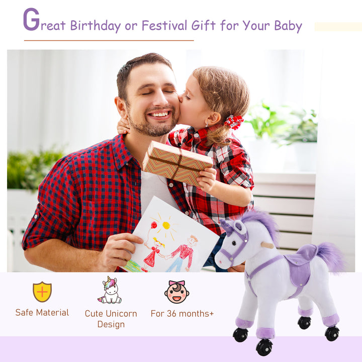 Kids Ride-On Rocking Unicorn, with Realistic Sounds, Handlebars, Purple/White