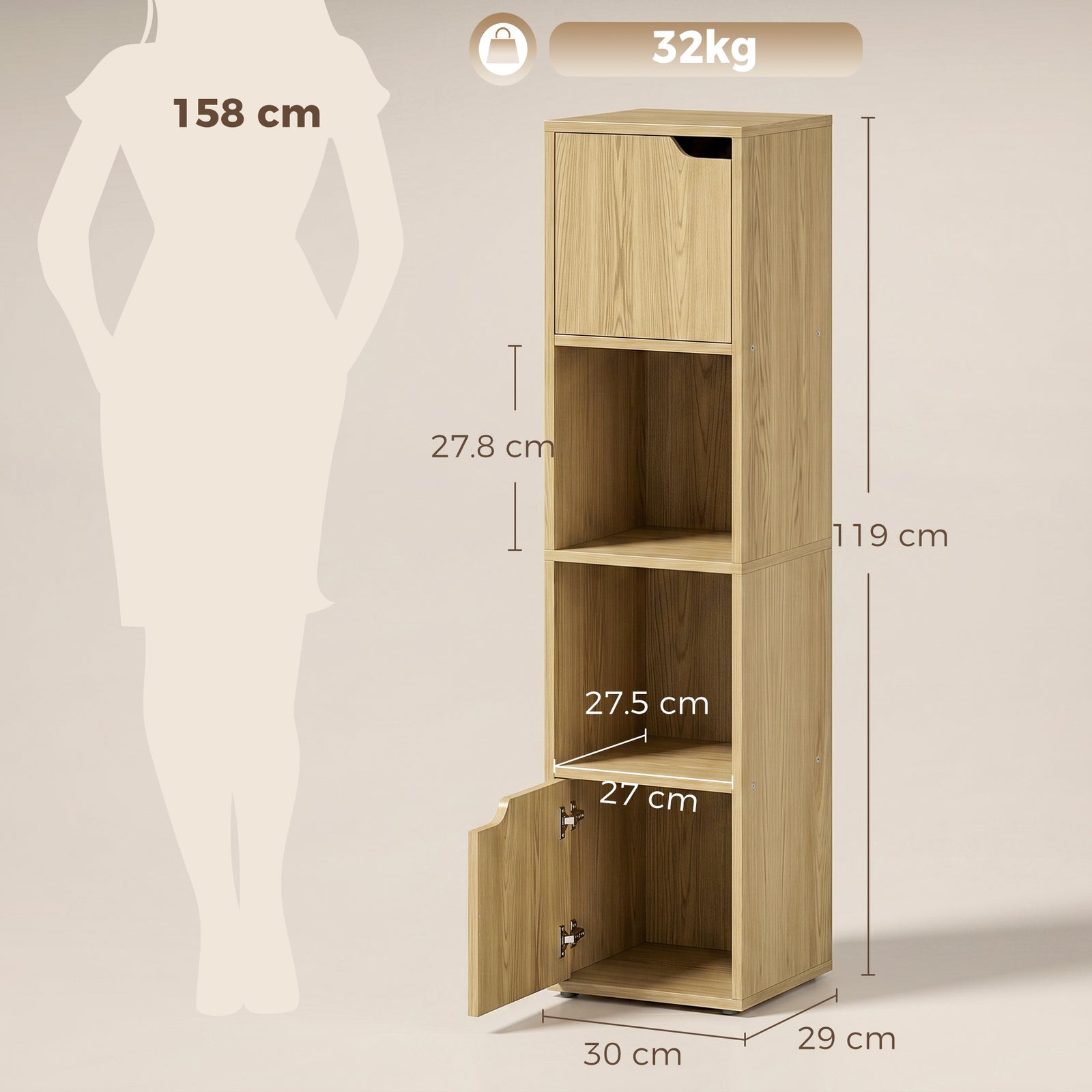 Narrow Bookcase, 4-Tier Bookshelf, Storage Cabinet with doors for Livi