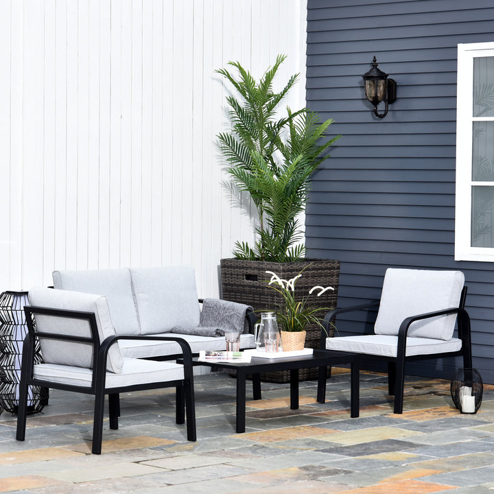 4pcs Garden Sofa Set 2 Single Armchair, 1 Bench & 1 Coffee Table Set Aluminum Frame Patio Furniture with Cushions, Black