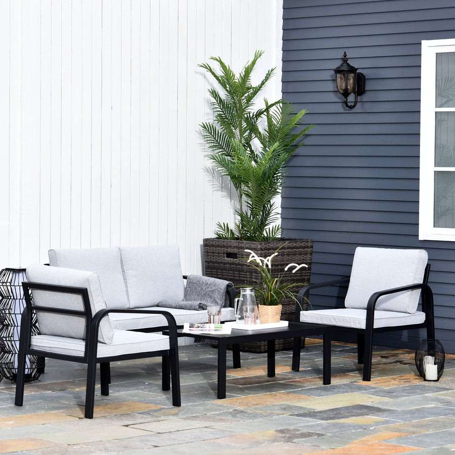 4pcs Garden Sofa Set 2 Single Armchair, 1 Bench & 1 Coffee Table Set Aluminum Frame Patio Furniture with Cushions, Black