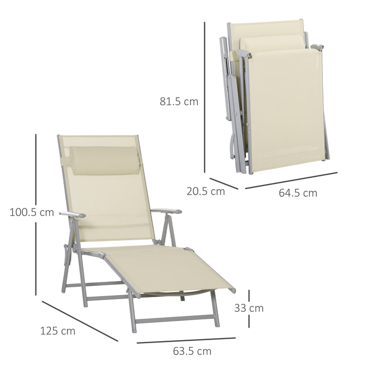Steel Fabric Sun Lounger Outdoor Folding Chaise Lounge Chair Recliner with Portable Design & 7 Adjustable Backrest Positions - Beige