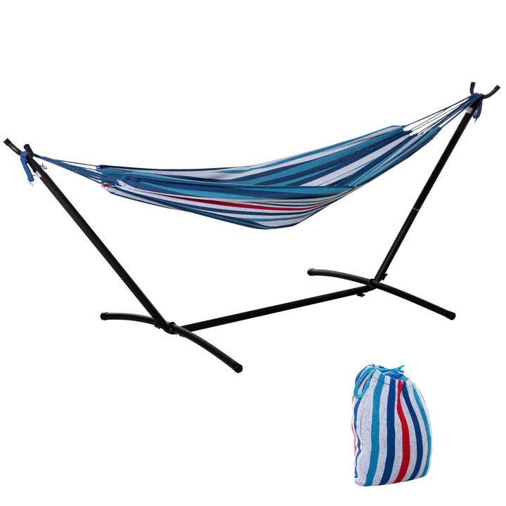 Outsunny 294 x 117cm Hammock with Stand Camping Hammock with Portable Carrying Bag, Adjustable Height, 120kg Load Capacity, White Stripe