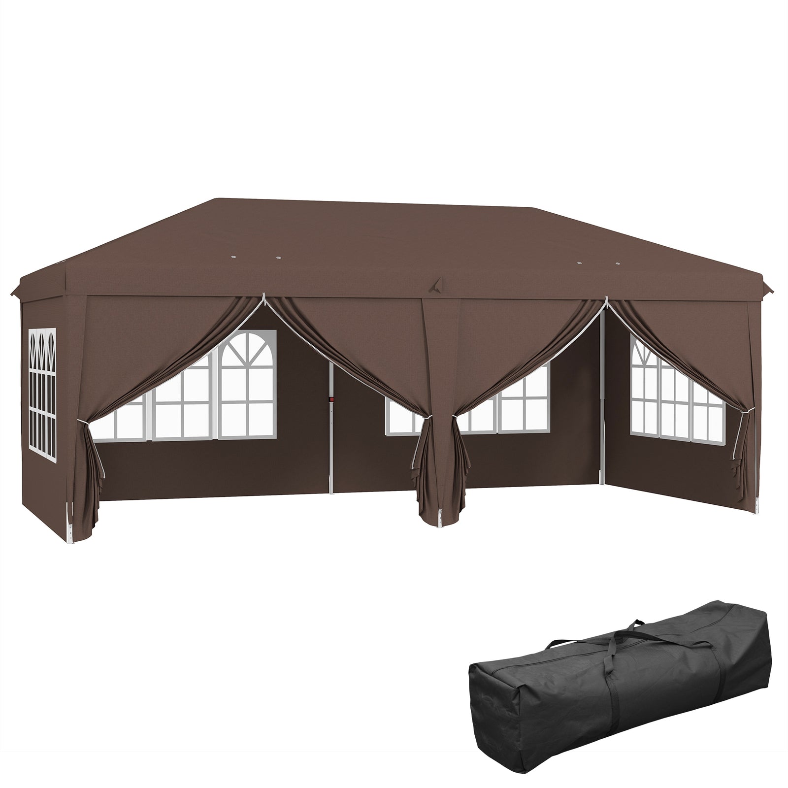 3 x 6 m Pop Up Gazebo with Sides and Windows, Height Adjustable Wedding Camping Party Tent Canopy Marquee with Storage Bag for Garden, Event, Brown
