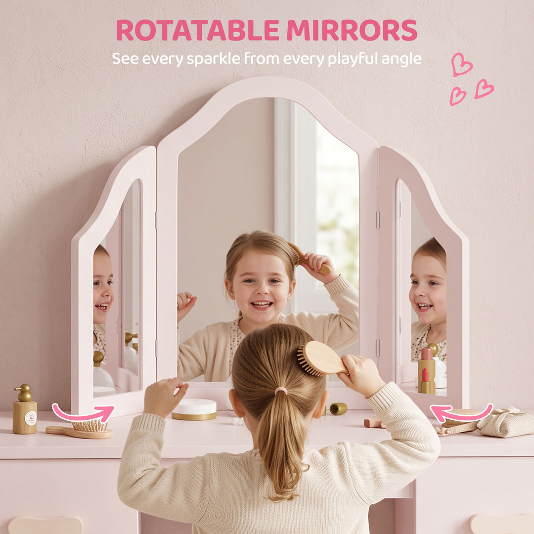 Kids Dressing Table, Kids Vanity Table and Chair Set with Tri-Folding 
