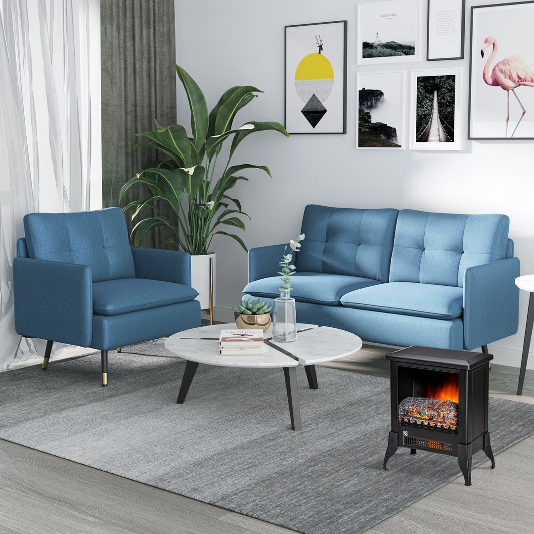Modern One Seater Sofa, Button Tufted Armchair with Cushions and Steel Legs, Accent Chair for Living Room, Guest Room, Dark Blue