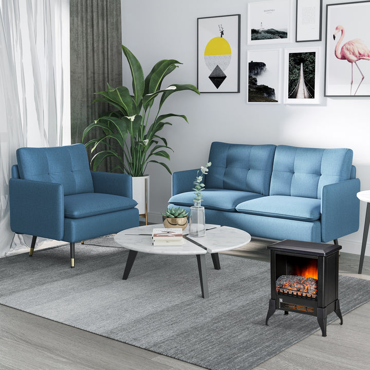 Modern One Seater Sofa, Button Tufted Armchair with Cushions and Steel Legs, Accent Chair for Living Room, Guest Room, Dark Blue