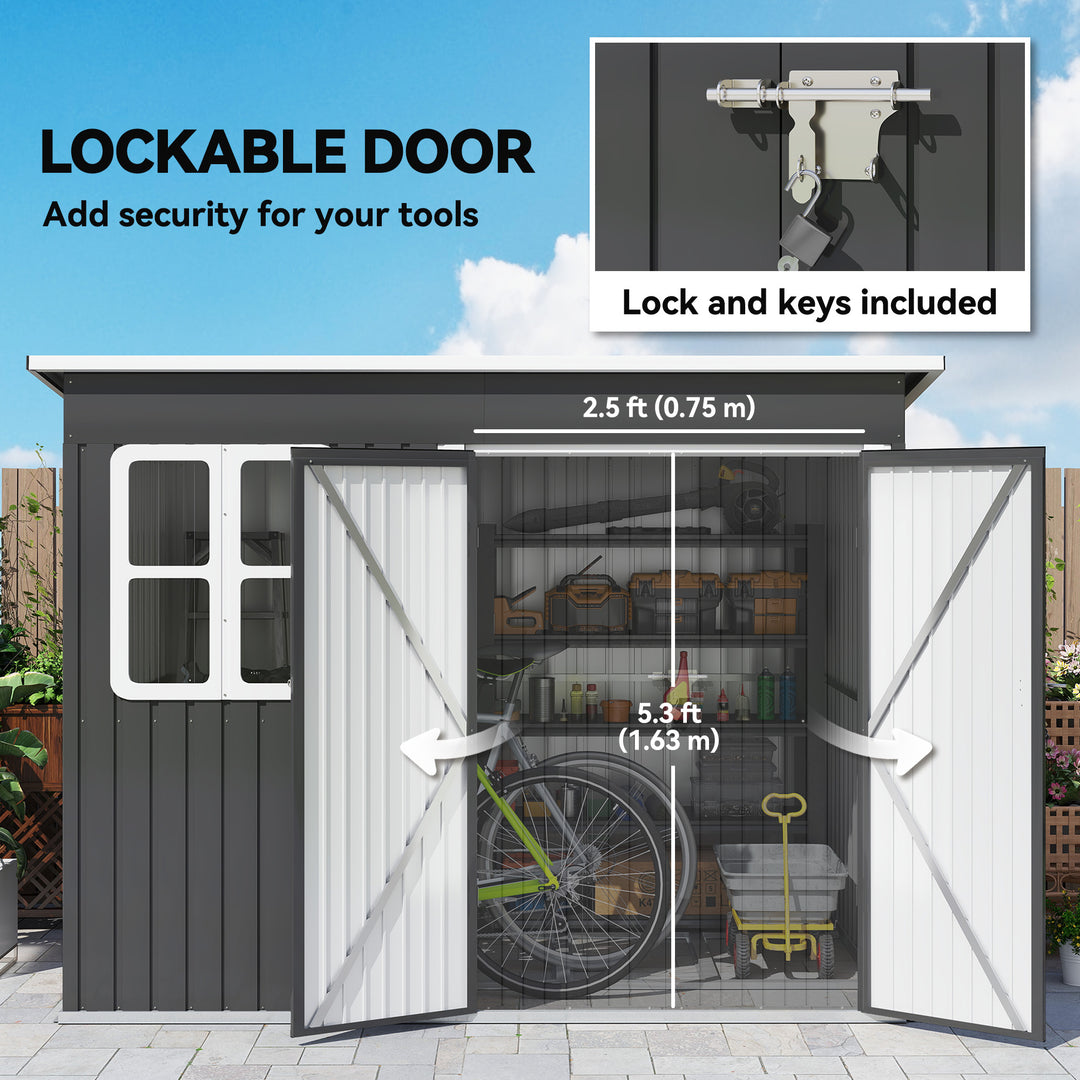 8.5 x 6ft Storage Shed Galvanised Steel Garden Shed, Metal Shed with Foundation Kit, Window, Lockable Wide Doors and Air Vents for Outdoor Patio, Dark Grey