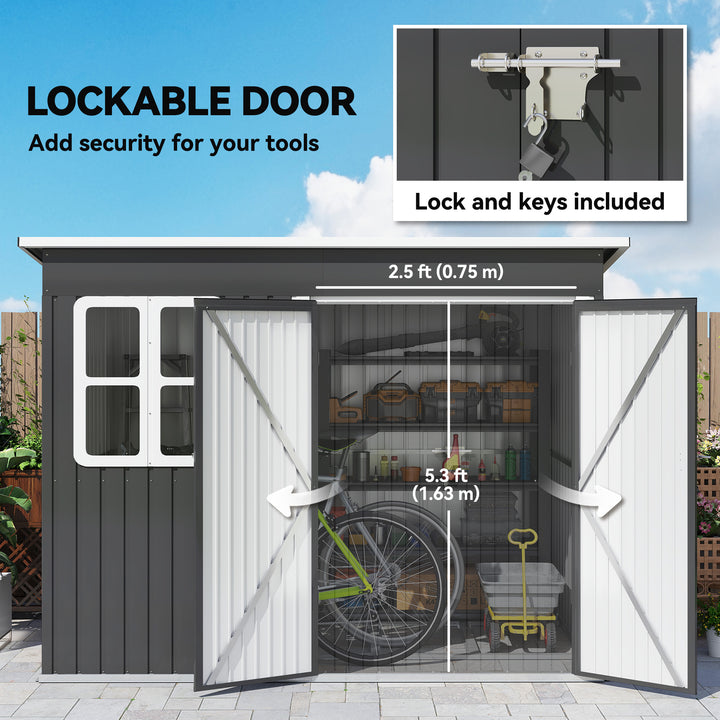 8.5 x 6ft Storage Shed Galvanised Steel Garden Shed, Metal Shed with Foundation Kit, Window, Lockable Wide Doors and Air Vents for Outdoor Patio, Dark Grey
