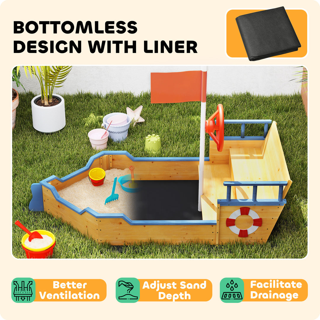 Sand pit Kids Children Sandpit Wooden Pirate Ship Sandboat Outdoor Backyard Playset w/Bench Bottom Liner