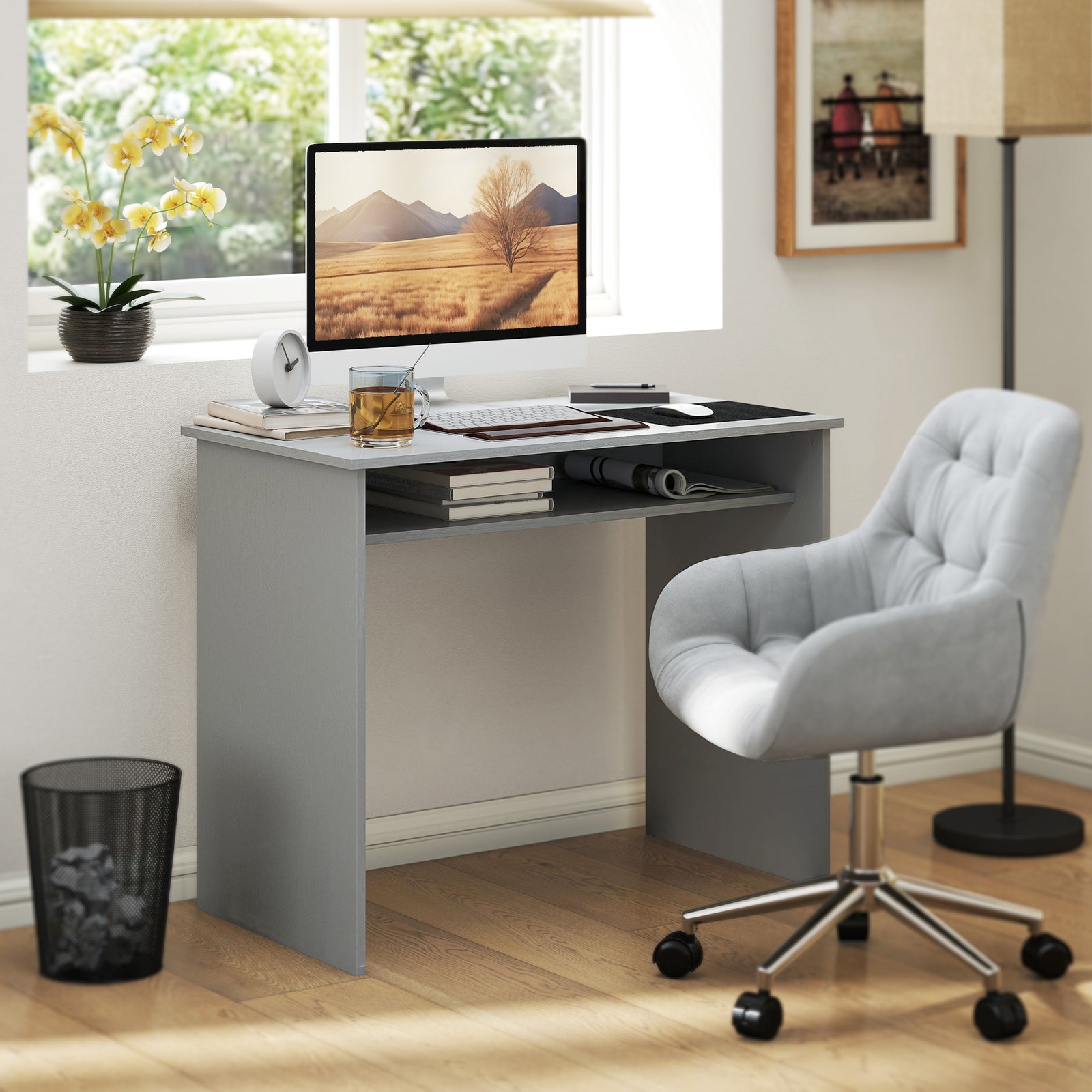 Modern Computer Desk, Home Office Table, Small Writing Desk with Storage Shelf, 90 x 50cm, Grey