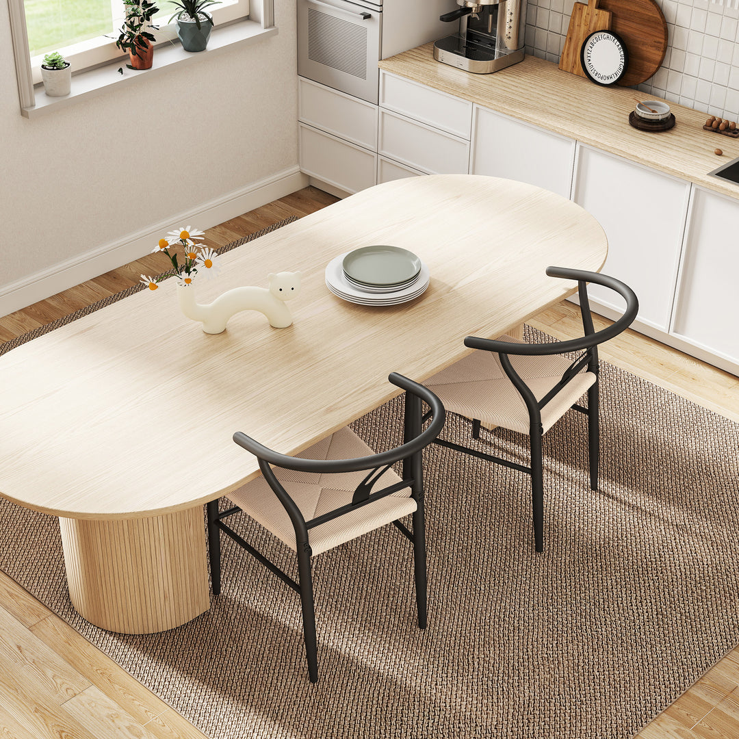 Set of Two Weave Dining Chairs with Y-Shaped Backrest Hemp Seat - Black/Beige