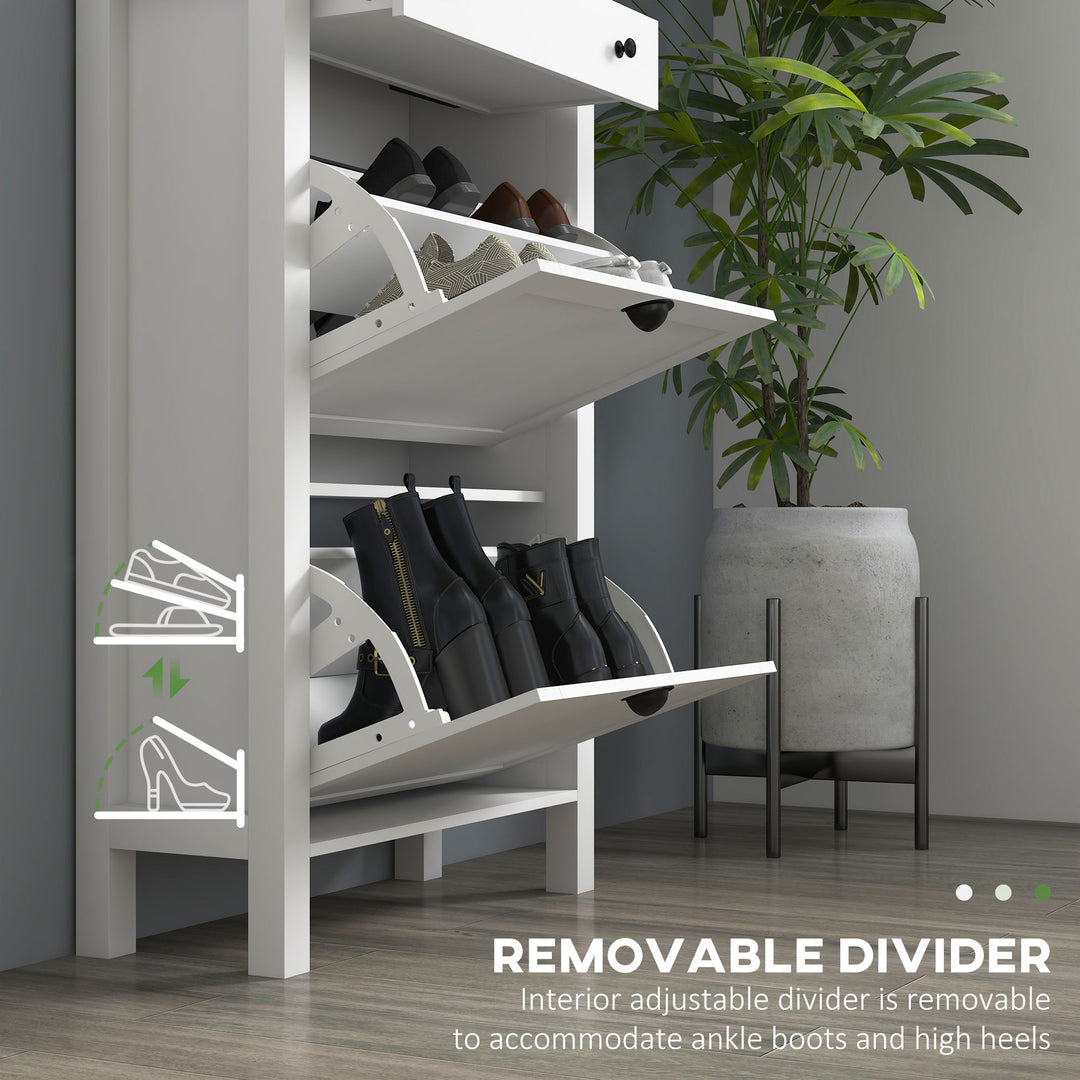Narrow Shoe Cabinet with 2 Flip Drawers and Adjustable Shelves, White