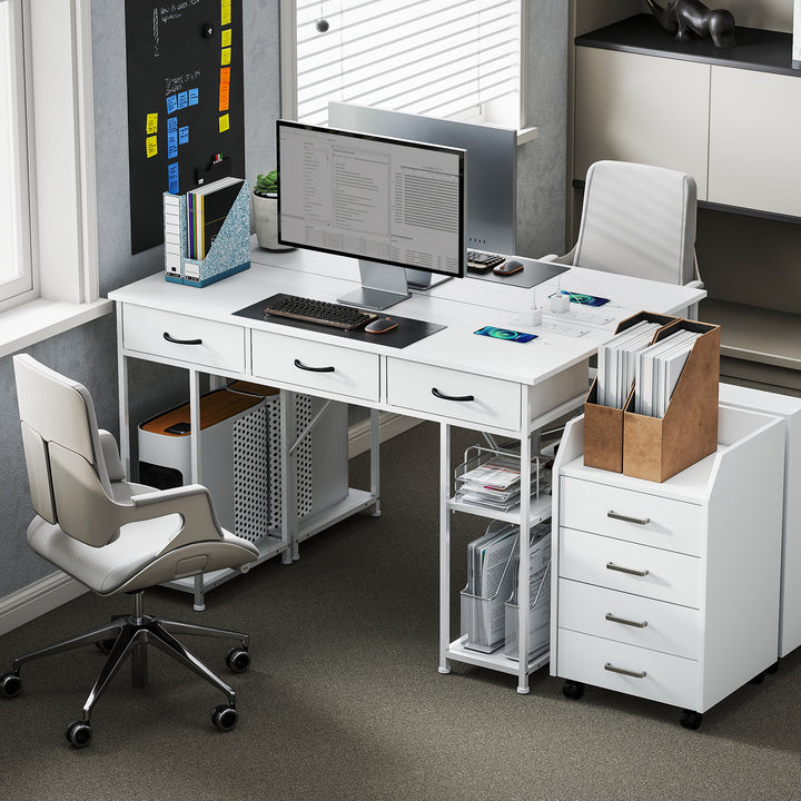 120cm Computer Desk with Power Outlets, Office Desk Study Table with 3 Fabric Drawers and 4 Storage Shelves, White