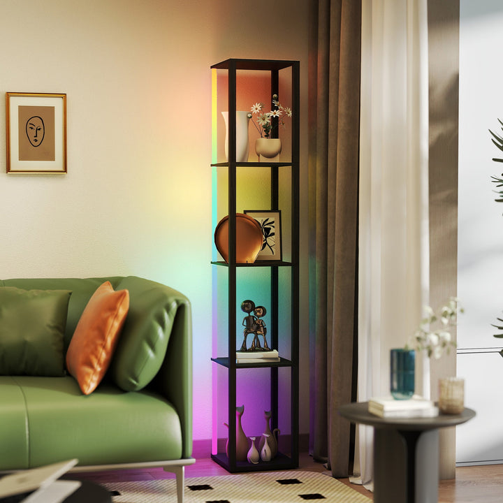 RGB LED Floor Lamp with Shelves, Modern Dimmable Standing Lamp with Remote Control, Adjustable Brightness &amp; Speed for Living Room, Bedroom, Office