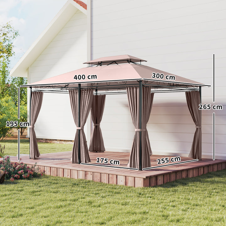 4m x 3(m)Garden Gazebo, Double Roof Outdoor Gazebo Canopy Shelter with Curtains, Solid Steel Frame for Patio, Garden, Brown
