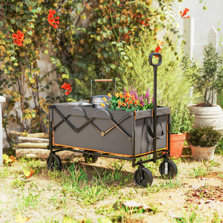 160L Festival Trolley on Wheels, Folding Camping Trolley Cart w/ Tailgate, 100kg Heavy Duty Garden Collapsible Folding Wagon w/Adjustable Handle, Carry Bag for Beach Picnic, Grey and Orange