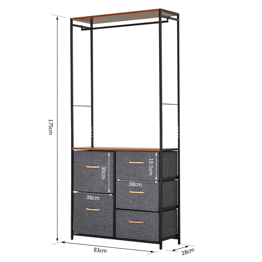 HOMCOM Wardrobe Dresser: Steel-Framed Storage with 5 Drawers, Coat Rack for Bedroom & Hallway, Black/Brown | Aosom UK