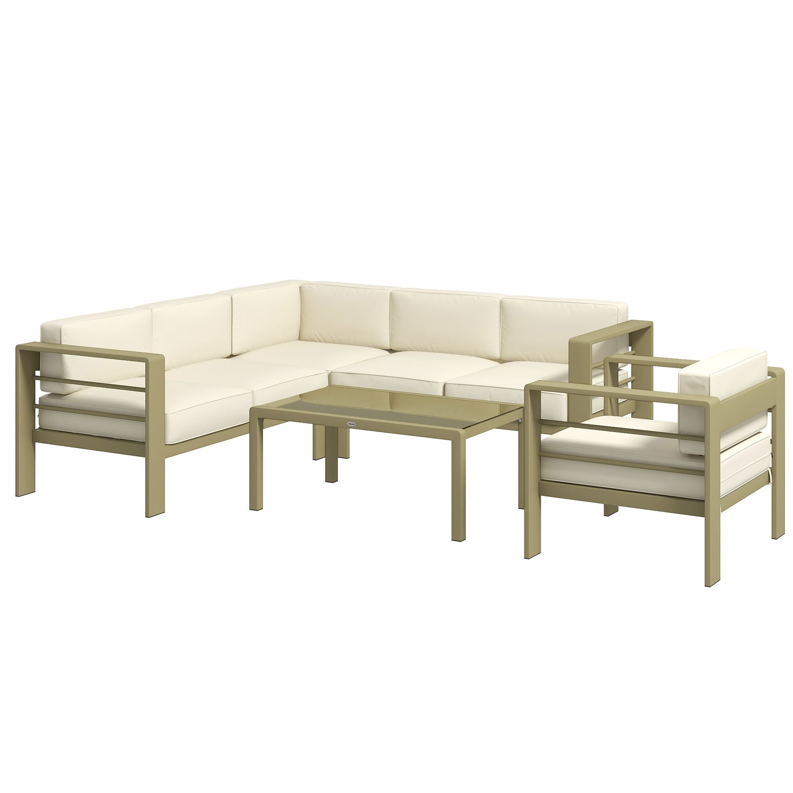 5-Piece Garden Corner Sofa Set with Cushions, 6 Seater Aluminium Garden Furniture Set with Glass Top Coffee Table, Patio Sectional Conservatory Furniture for Patio & Terrace, Gold Tone