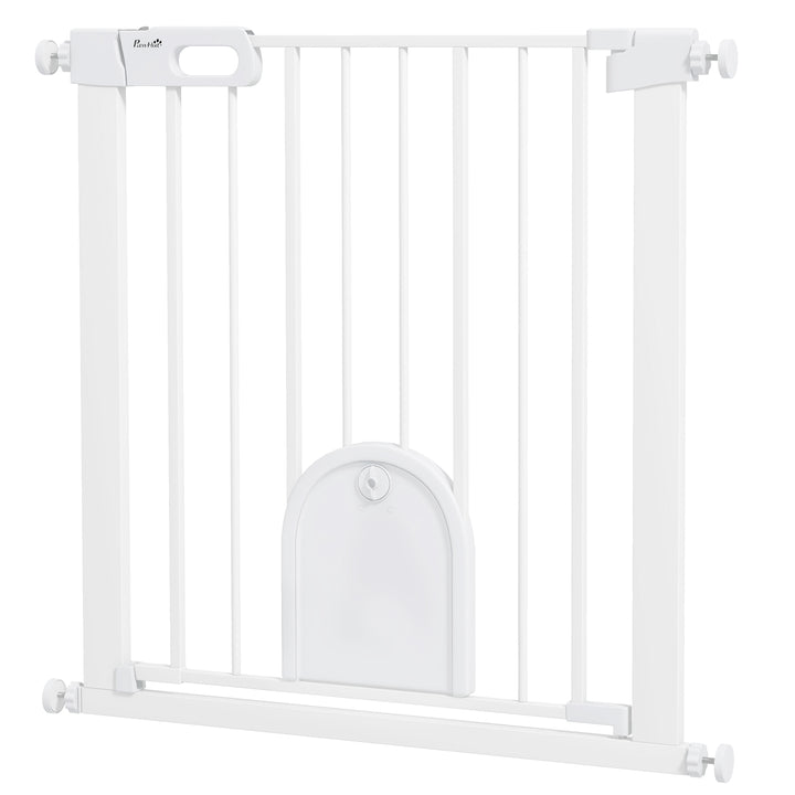 PawHut 75-82cm Pet Safety Gate with Double Locking, Pressure Fit Stair with Cat Flat for Doorways, Hallways, White | Aosom UK