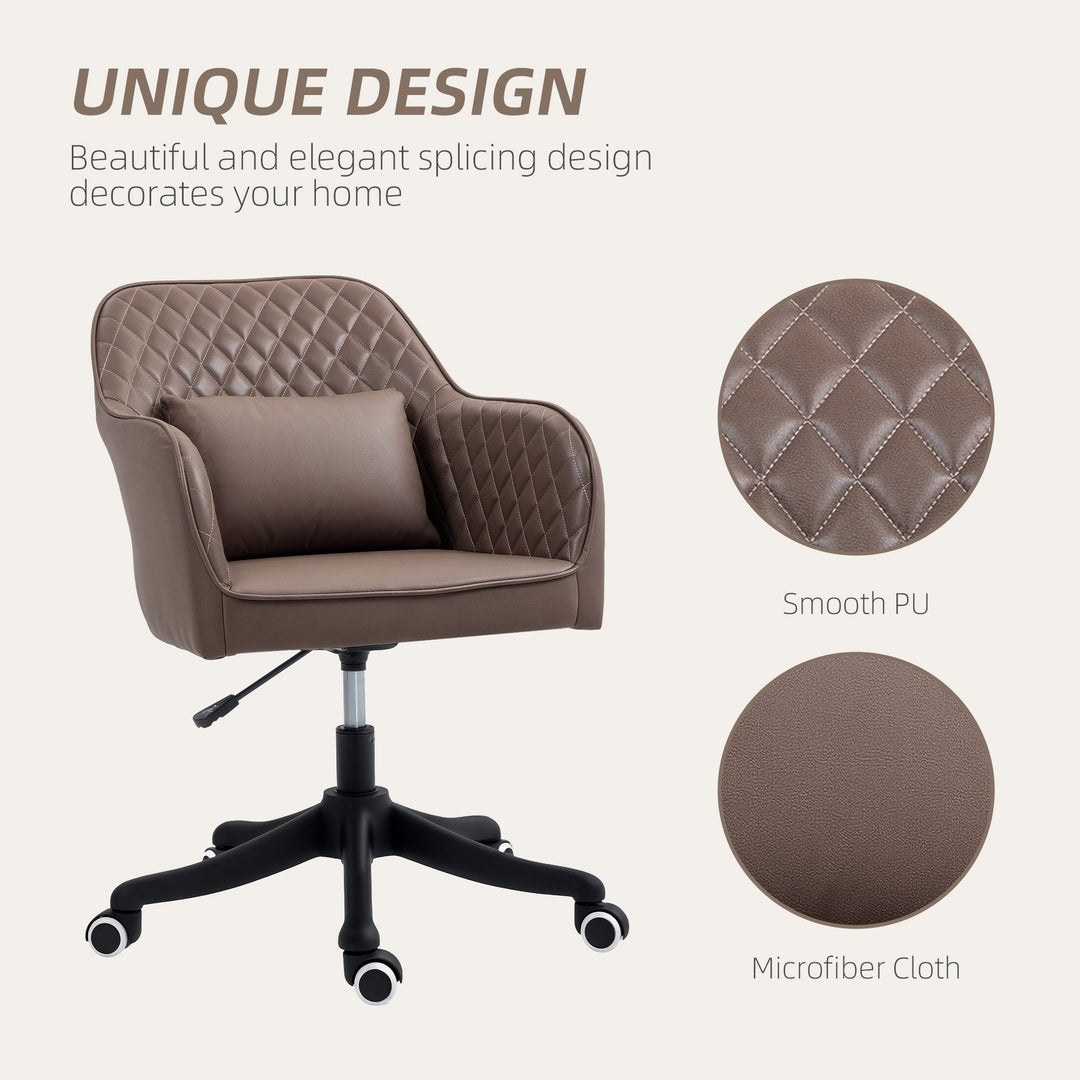 Microfiber Office Chair, Desk Chair, Makeup Vanity Chair with Massage Lumbar Pillow and Rolling Wheels for Bedroom and Home, Brown