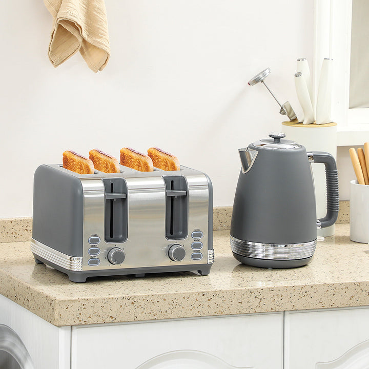Stainless Steel Kettle and Toaster Set, 1.7L 3000W Rapid Boil Jug Kettle with UK Strix Thermostat, Limescale Filter, 4 Slice Toaster with 7 Browning Controls, Crumb Tray, and Tone