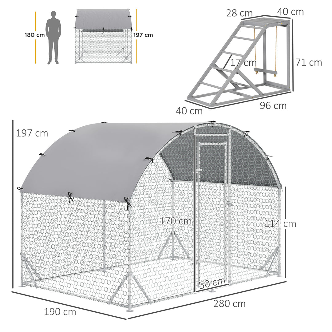 Walk-In Chicken Run, Metal Chicken Coop with Cover, Outdoor Hen Poultry House Cage with Chicken Activity Shelf, for Chickens, Rabbits, Ducks, 2.8 x 1.9 x 2m