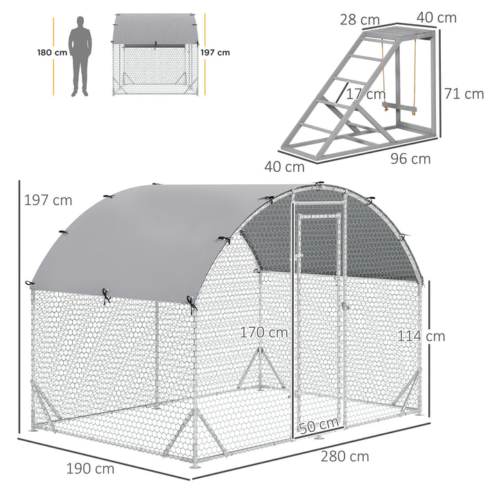 Walk-In Chicken Run, Metal Chicken Coop with Cover, Outdoor Hen Poultry House Cage with Chicken Activity Shelf, for Chickens, Rabbits, Ducks, 2.8 x 1.9 x 2m