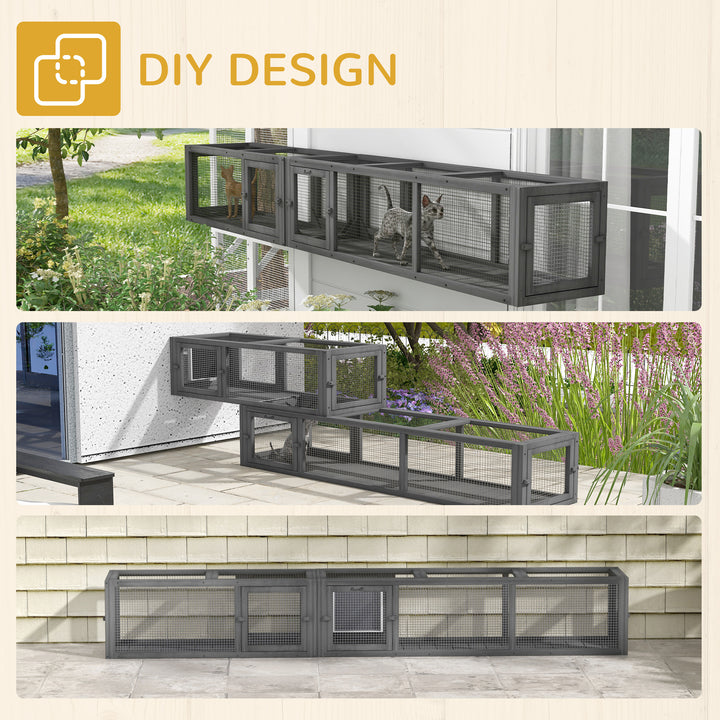 Cat Tunnel, 250cm Extra Long Wooden Cat Play Tunnel with 8 Doors, L-shape/Rectangle, Outdoor Cat Enclosure, Dark Grey