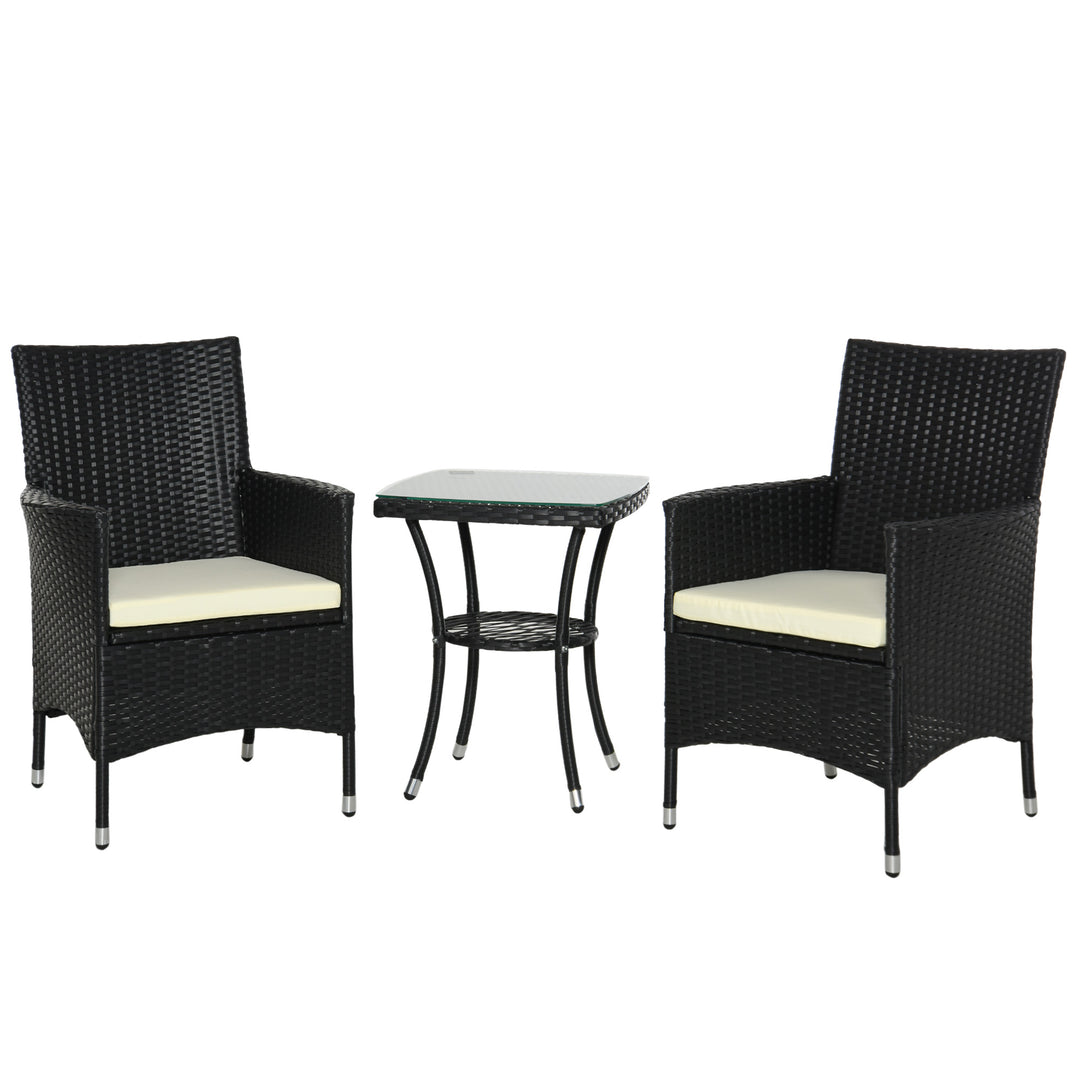 3 Pieces Rattan Bistro Set, Wicker Garden Furniture Set with 2-Tier Coffee Table and Chairs, Cushions, for Outdoor Patio Balcony, Black