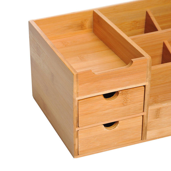 Desk Organiser Holder, Bamboo Multi-Function Storage Caddy with 7 Storage Compartments and 2 Drawers for Home Office Stationary Supplies, Natural Bamboo