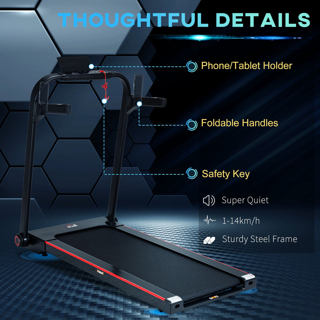 750W Folding Treadmill, 1-14km/h Electric Running Machine w/ Wheels, Safety Button, LED Monitor, Phone Holder for Home Office Jogging Fitness Exercise Workout