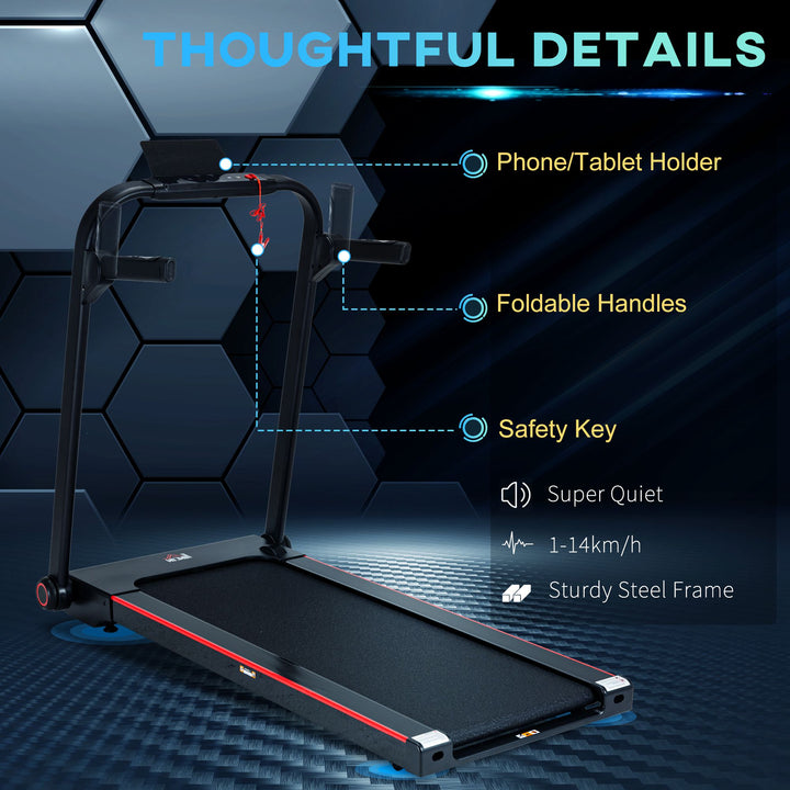 750W Folding Treadmill, 1-14km/h Electric Running Machine w/ Wheels, Safety Button, LED Monitor, Phone Holder for Home Office Jogging Fitness Exercise Workout